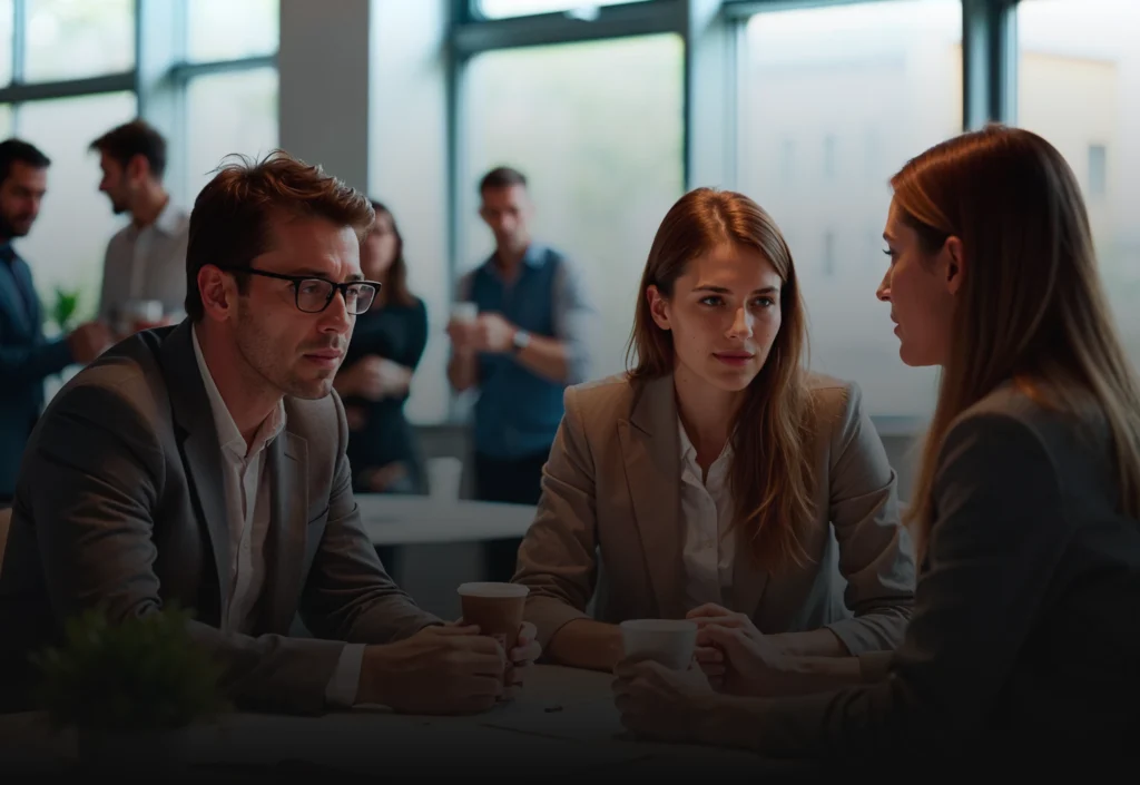 Business professionals in conversation during a networking coffee break.